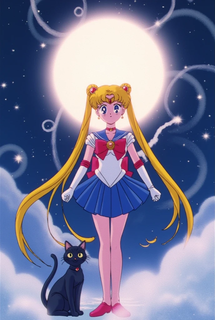 sailor moon ,  long blonde hair , piercing blue eyes, squatting, front view, perreo, full body, blue miniskirt, Red boots, , , voluptuous body,  on the Moon, gato grande negro , black cat in the legs,
