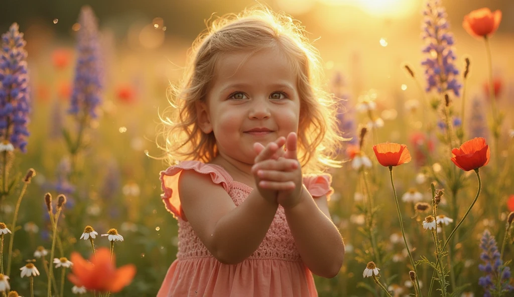 Create an extra realistic image of a named Maëlia, with big, sparkling eyes and long lashes, smiling sweetly. She has full cheeks and is dressed in a light, floral-patterned dress. The photo captures her sitting in a field of daisies, with the soft sunlight highlighting her face, giving a natural glow to her delicate features. The image is captured with a prime lens featuring a wide aperture (f/1.4 or f/1.8) for shallow depth of field, ensuring a creamy bokeh that softly blurs the background while keeping her facial features incredibly sharp. A zoom effect using a telephoto lens is employed to slightly compress the background, making the flowers appear closer and enhancing the subject's prominence. Ensure that her hands are visible with exactly five fingers. Negative prompt: No additional fingers, out of frame, lowres, text, error, cropped, worst quality, low quality, jpeg artifacts, ugly, duplicate, morbid, mutilated, out of frame, extra fingers, mutated hands, poorly drawn hands, poorly drawn face, mutation, deformed, blurry, dehydrated, bad anatomy, bad proportions, extra limbs, cloned face, disfigured, gross proportions, malformed limbs, missing arms, missing legs, extra arms, extra legs, fused fingers, too many fingers, long neck, username, watermark, signature.