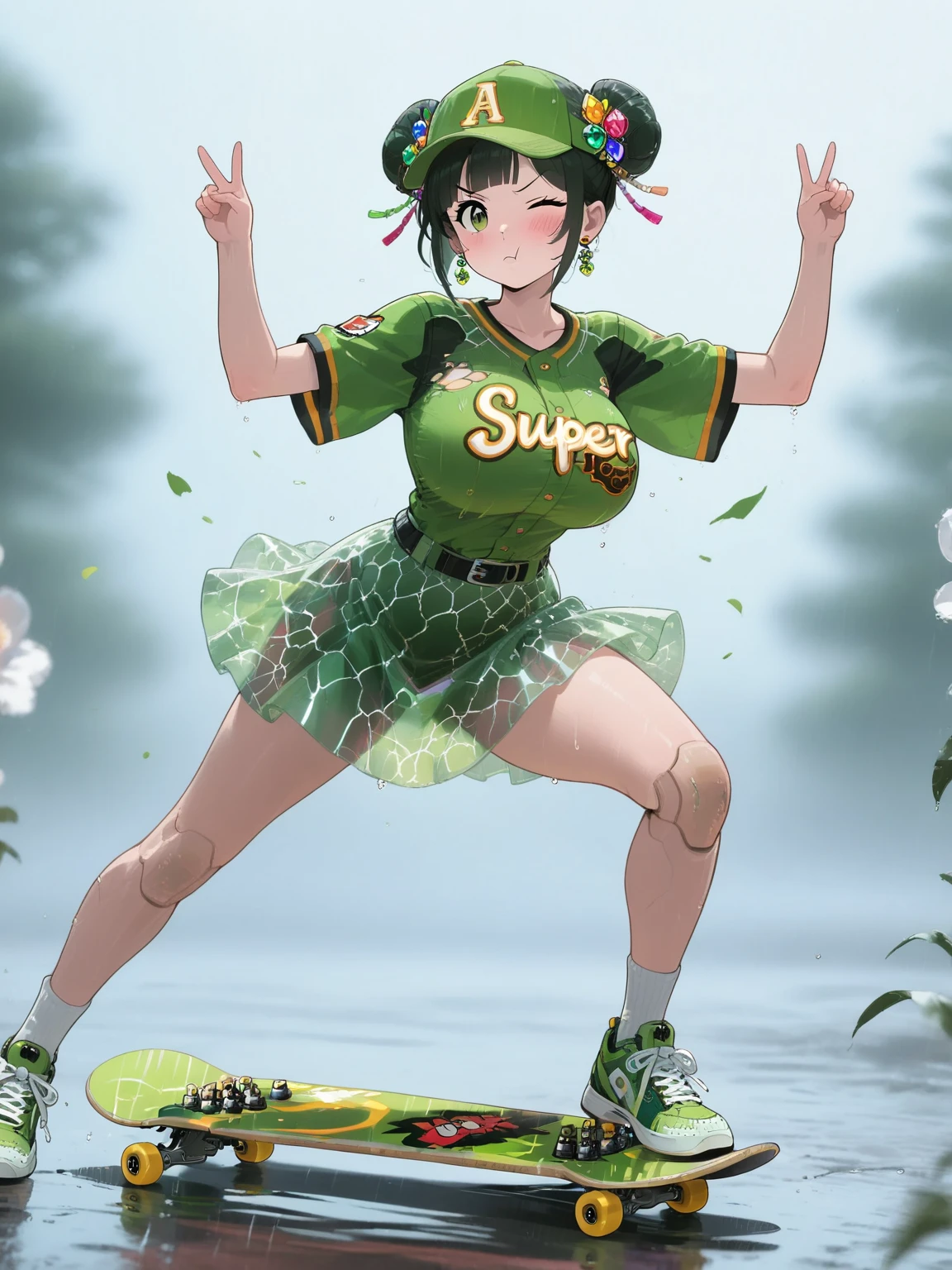 (((masterpiece, best quality, High Resolutions, 1girl, beltt, short miniskirt, Standing, outdoor, Featured, Flower ))), (link:1.5), legend of zelda, GS-womanly, bronde, Sweat, Wet, (gigantic breasts:1.2)