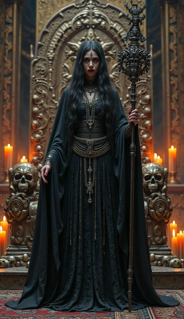 An ugly woman, with black hair , dressed in black and gold, wearing black jewelry and a black crown 