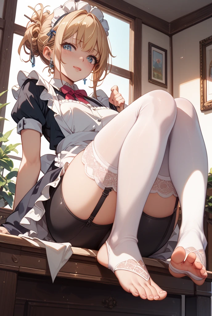 score_9, score_8_up, score_7_up, (masterpiece, best quality, very aesthetic, ultra detailed, source anime, anime, intricate details), 1girl, solo, rem from Rezero, maid outfit, off_shoulder, white thighhighs, sitting, crossed legs, from below