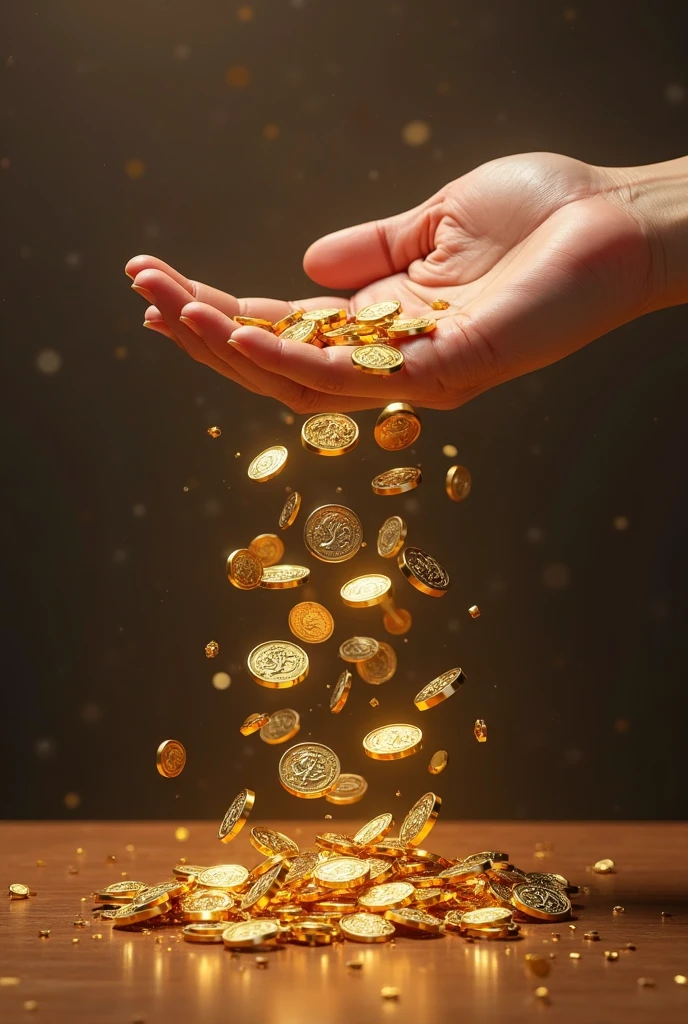 Hands extended with open palms, dropping, seeds, Granos de seeds, of abundance, coins and stars.