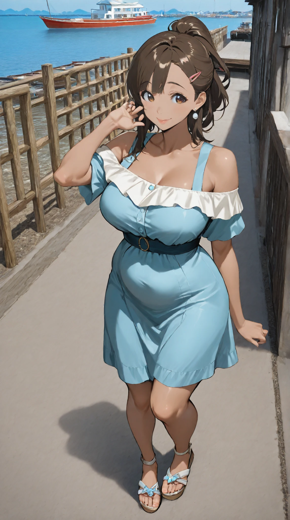 (NSFW), Misae Nohara, full body, thick thighs, hourglass figure, half naked, Looking at the viewer with seductive eyes, brown eyes, Misae Nohara, exposed breasts, 1girl, solo, wearing a transparent blue sequin dress, looking at the viewer, sci-fi, digital art, futuristic coloring, vibrant lighting, (Background: Indoors, night club, bar, neon lights, futuristic, Sci-Fi, cyberpunk theme, futuristic technology in the background), brown black hair, hard nipples, exposed vagina, best quality, highres, bbyorf, gold earrings, large breasts, off shoulder, long sleeves, no panties, outdoors,