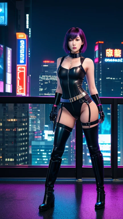 (Wide angle view). "ghost in the shell" film inspired futuristic Tokyo city, simple outlined neon tall buildings, (OLED holographic portrait on buildings), glowing giant clock tower, 1drone, lightning, 3D rendering Beeple. At night, (1girl, solo, alone), photorealistic, medium-breast slim:0.6 body, oval:0.5 face, cleavage:1.1, sexy costume with deep-v, low view pleated miniskirt, glove, (Matrix style black micro sunglasses), ((aiming viewer with a short gun)), (running pose), (half-body thigh level close-up shot), cinematic lighting, ray tracing.
