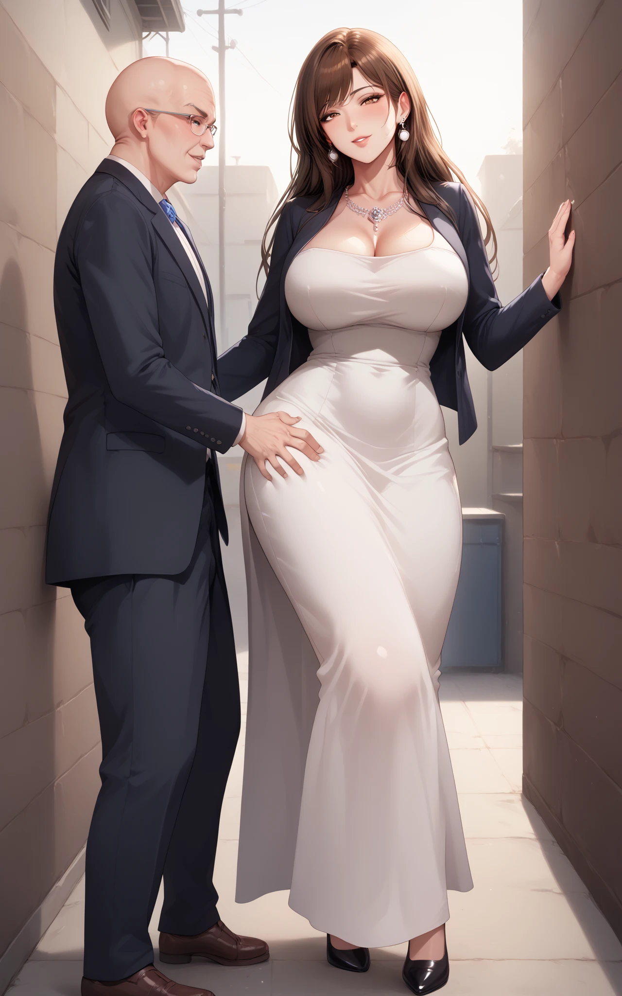 man with big pink hair in a suit and braid with a brunette woman with black hair and pregnant.