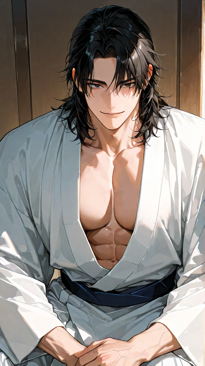 absurdres, highres, ultra detailed, HDR, masterpiece, extremely detailed face and eyes, Aizen Sosuke, brown hair slicked back, expressive brown eyes, Bleach, solo, sexy man, toned chest, handsome, white coat, black shirt,, soul society background, confident expression