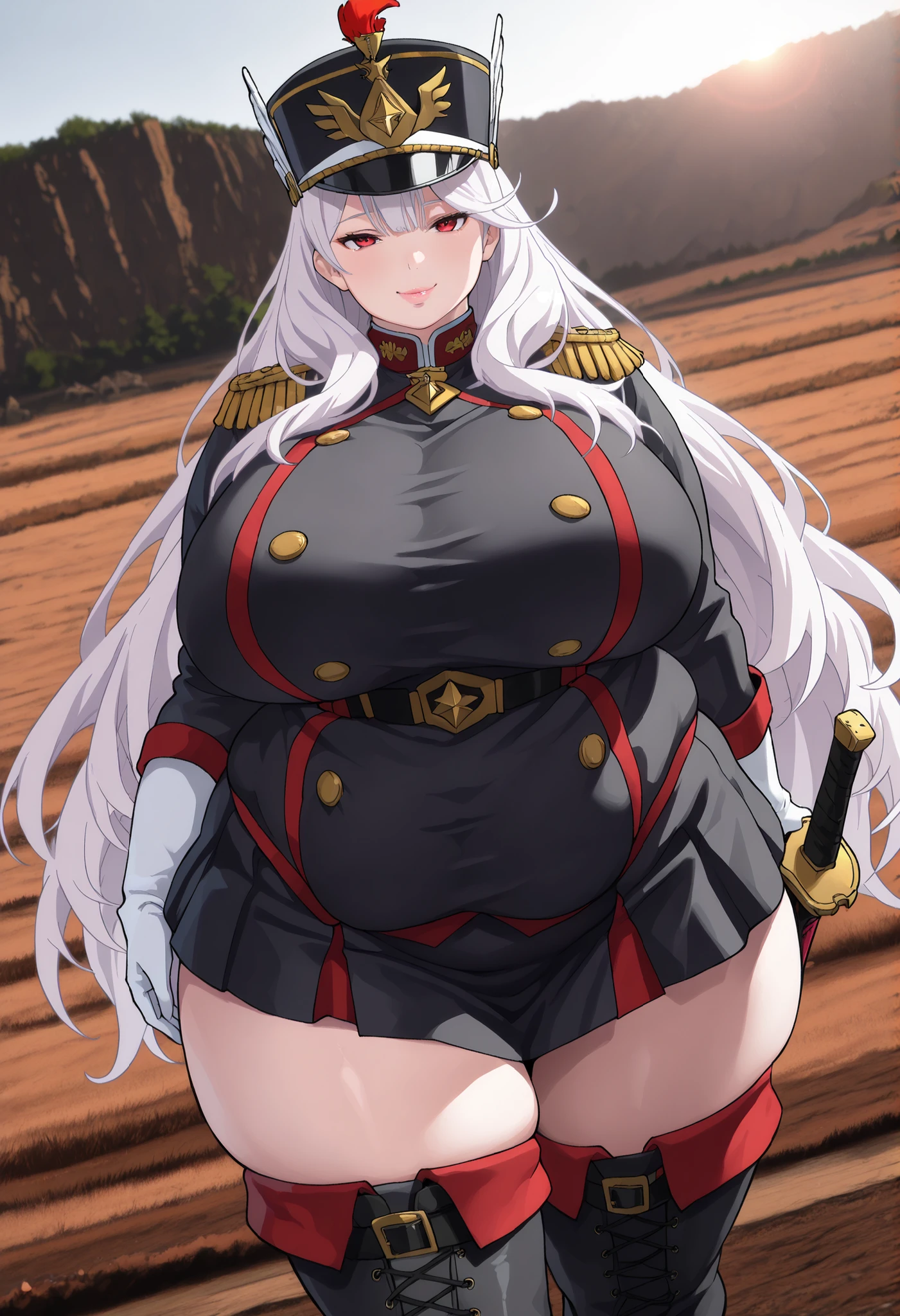 woman, beautiful mature woman, attractive detailed face, delicate facial features, detailed skin, huge breasts, looking seductive, ultra-detailed, (best quality,4k,8k,highres,masterpiece:1.2), cinematic lighting, octane render, 8k uhd, extremely detailed, intricate details, hyper realistic, high definition, sharp focus, ,compositionmuted colors, skin pores, score_9, score_8_up, score_7_up, (cowboy shot, dutch angle:1.2), score_9, score_8_up, score_7_up, source_anime,
kyoukauzen,
kyouka uzen, long hair, red eyes, very long hair, white hair,
thighhighs, gloves, hat, boots, belt, sword, uniform, zettai ryouiki, military, military uniform, thigh boots, shako cap,
outdoors, wasteland, bent over, smile,
looking at viewer, cowboy shot, dutch angle, solo, (negative_v2 Color_Balance_Calibration:0.8), negativeXL_D, aidxlv05_neg, Stable_Yogis_Animetoon_Negatives, chubby, chubby girl, curvy, large breasts, lips, plump, thick thighs, thighs, (((oversized gigantic stomach)), curvy, large breasts, lips, plump, thick thighs, thigh, immobile