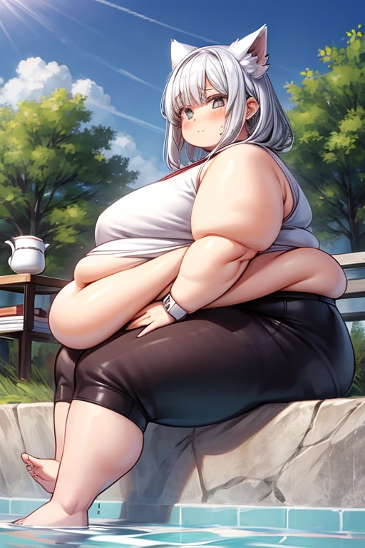 (((baby))), (((little cutie))), (((short stature))), (((bikini, short skirt))), ((white hair with fringe)), ((obese chubby))), ((fat face)), (((big belly))), (((open mouth))), fat and wide thighs, Belly, (((tender))), (((sitting in a cafe))), detailed background, ((full body image)),