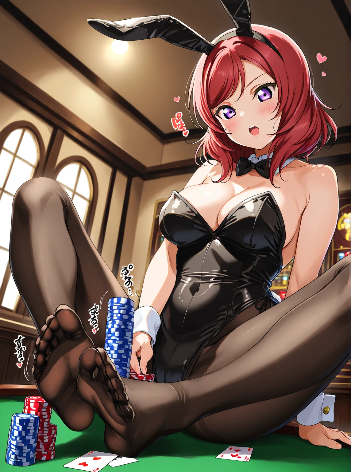 top-quality、Full limbs、complete fingers、Slender beauty、1人の女性、A big smile、((Red-haired woman:1.5))、straight haired、Beautiful Large Breasts、bunnygirl、(((black bunny girl leotard:1.5)))、(((Black pantyhose:1.3)))、Red Bunny Girl Katyusha、Red bow tie、Naughty Poses、casino、pokies、Poker Table、roulette、squatting