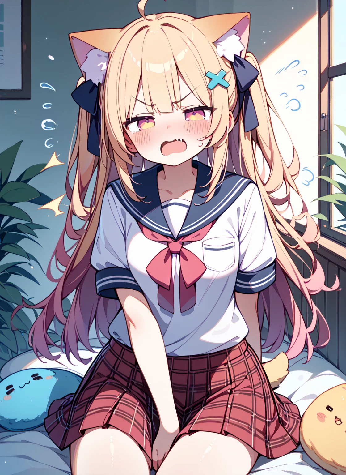 School_swimsuit, Sukumizu, 1girl, blond hair, hair ribbon, cute, kawaii, (blush), open mouth, simple background, (white background), (dynamic angle:0.6)