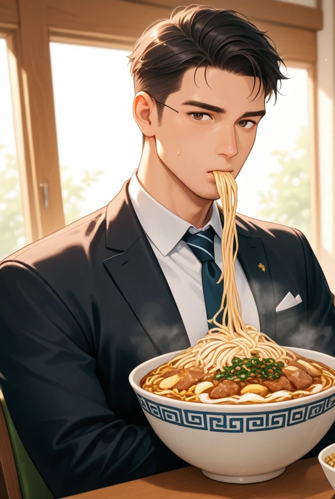 A handsome young man in a yellow suit on the side,Point to the beef noodles on the table,The haughty and confident expression on his face,in the style of the stars art group xing xing, 32K, Best quality, Masterpiece, Super detail, High details