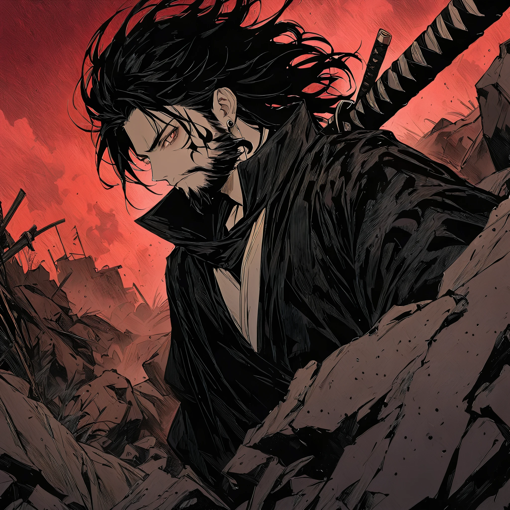 Scarlet Silk Ronin Costume。A world of thick fog,White silver grass field。earrings。face tattoo。face close-up。 dark eyes。 Clothes Fluttering in the Wind 。 green。 Katana on the waist 。stylish pose。Beard。あごBeard。Messy Long Black Hair。 A thin young ronin stands on the rubble。alone。creepy atmosphere。Japan。Red Sky。chiaroscuro,