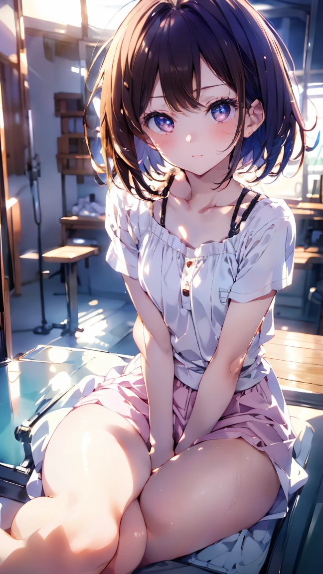 lying、School、In the classroom、Sitting in a chair、Girl、Girl、Short、Younger、Lower school year、Baby Face、flat chest、Dynamic Angle、masterpiece、best quality、ultra-detail、Great Khan、The air conditioner is broken、Summer sunshine、Miniskirt、Panties、Spreading legs、Looks hot、Raise one leg、The desks are lined up、corridor、window、Seems like a hassle、Complaining、There are several classmates behind me.、Clothing、Untidy appearance、Her chest is exposed、Wide Stride、Fan、With his mouth open sloppily