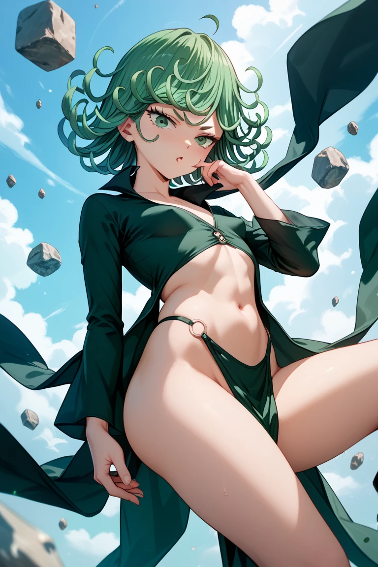 NSFW, (girl),((optimal quality)), ((Masterpiece)), (A detailed: 1.4),face red,perspire,showing niples, fully naked,The ultimate masterpiece,(fidelity:1.2),(sexy),open air bath, (Huge chest), Open crotch, Open legs, (Smooth: 1.1), (Cutes: 0.9), (shiny: 1.1). Green short hair, slim waist, showing ass from behind, red lips, green eyes, lust face, tatsumaki from one punch man, naked, cute pose, super small tight bikini thong, g string, beautiful natural tits