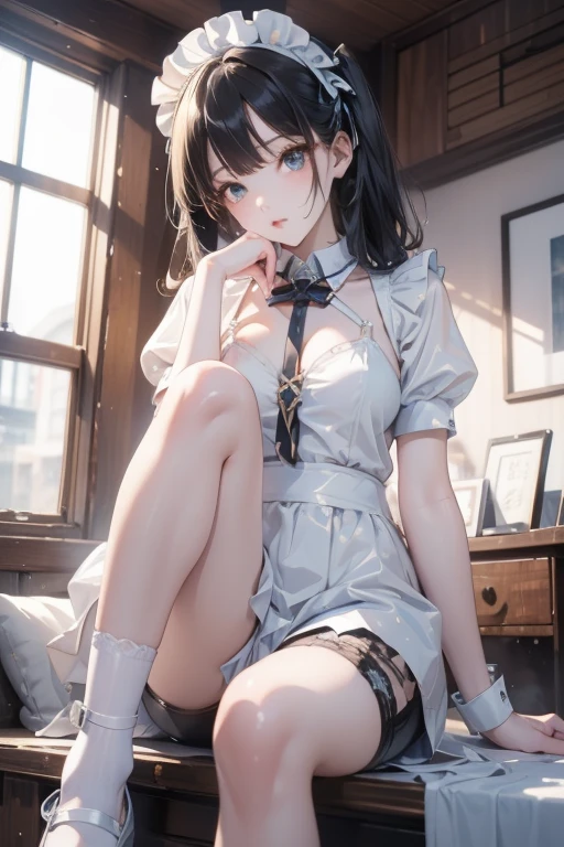(From below),Squat,Spread your legs,(Breast compression),Full body detailing、Detailed scene of Linbovy,One Girl,Highly detailed skin,curve,,Beautiful breasts,Large Breasts,Pale skin,Pointed Chest,Erect nipples,(Fantasy art,Best image quality,Hyperrealist portrait,(8k),Ultra-realistic,最high quality, high quality, High resolution, high qualityの質感,Attention to detail,Beautiful details,Fine details,Highly detailed CG,Detailed Texture,Realistic facial expressions,Tabletop,in front,dynamic,bold),black hair very short bob、(Thinning hair),(Soft Hair),(Straight hair:1.5),length, sleek bangs,Hair on one eye,Wearing a tight fitting white shirt、The lines of the body are clearly visible、Wearing a pleated skirt、The skirt is short