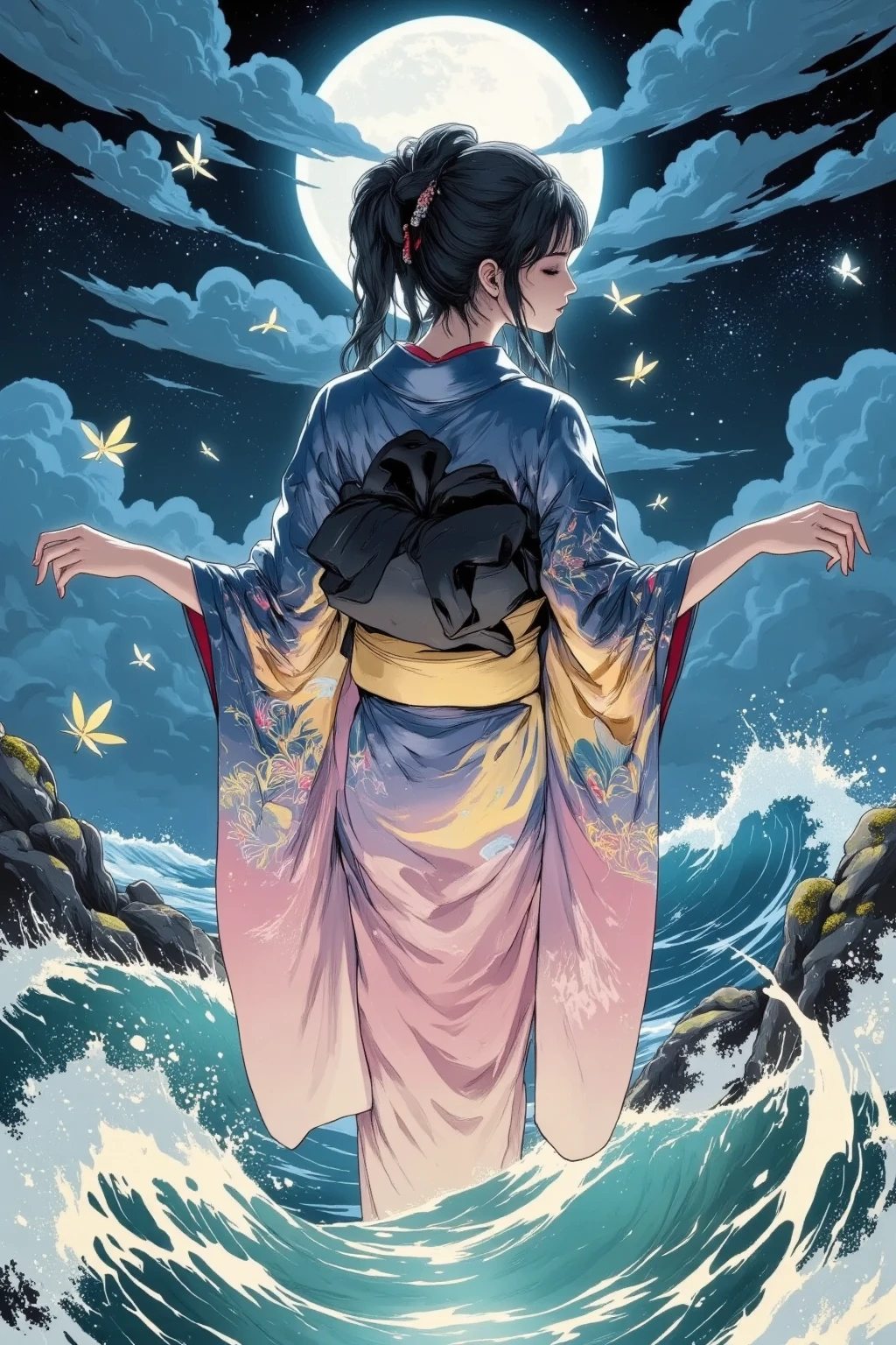 A woman in a kimono gazing at the sea where nocturnal insects shine ...