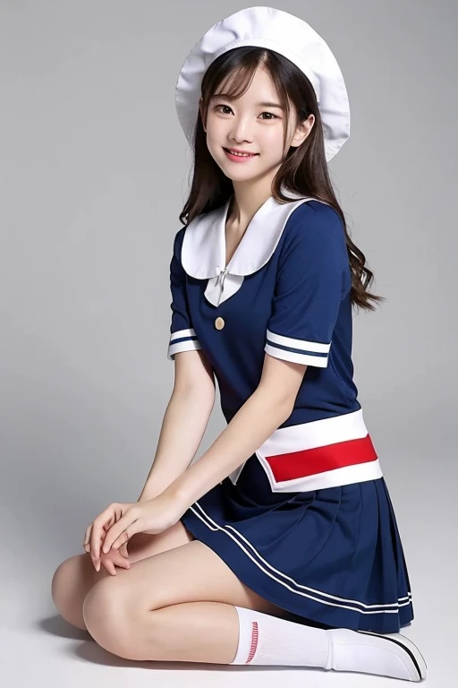 (medium full shot) of (dapper sailor) young woman, korean, light skin, hazel eyes, Average build, long ginger half-up half-down hair, wearing a sailor hat, sailor uniform top, cargo pants, black dress shoes, holding a map, set in  Captain's Quarters, elegant room with a large desk, maps and charts, a comfortable bed, nautical instruments on display, on shore leave, woman smiling, Masterpiece,best quality, photo, realistic, very aesthetic, detailed face,