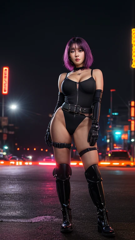 1 girl, anime style, dark skin, black woman, beautiful, 18 years, make-up, passionate look, naughty smile, waifu, close-up picture, colorful punk style, leather jacket, cleavage, nylon stockings, long punk boots, posing in a alley, colorful graffiti on the walls, new york city, soft lighting, nighttime, midnight, ray tracing, award winning, photorealistic, 8k