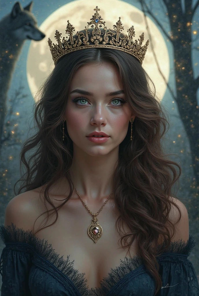 "Masterpiece, high quality, ultra detailed in 4k, 8k, high resolution, hyper-realistic photo, hyper-detailed, realistic skin texture, amazing shadows, highly detailed background, extremely detailed texture, perfect lighting" a woman (Queen) wearing an elegant Black Dress, dark long hair, outlined face, a moonlit night, full moon,