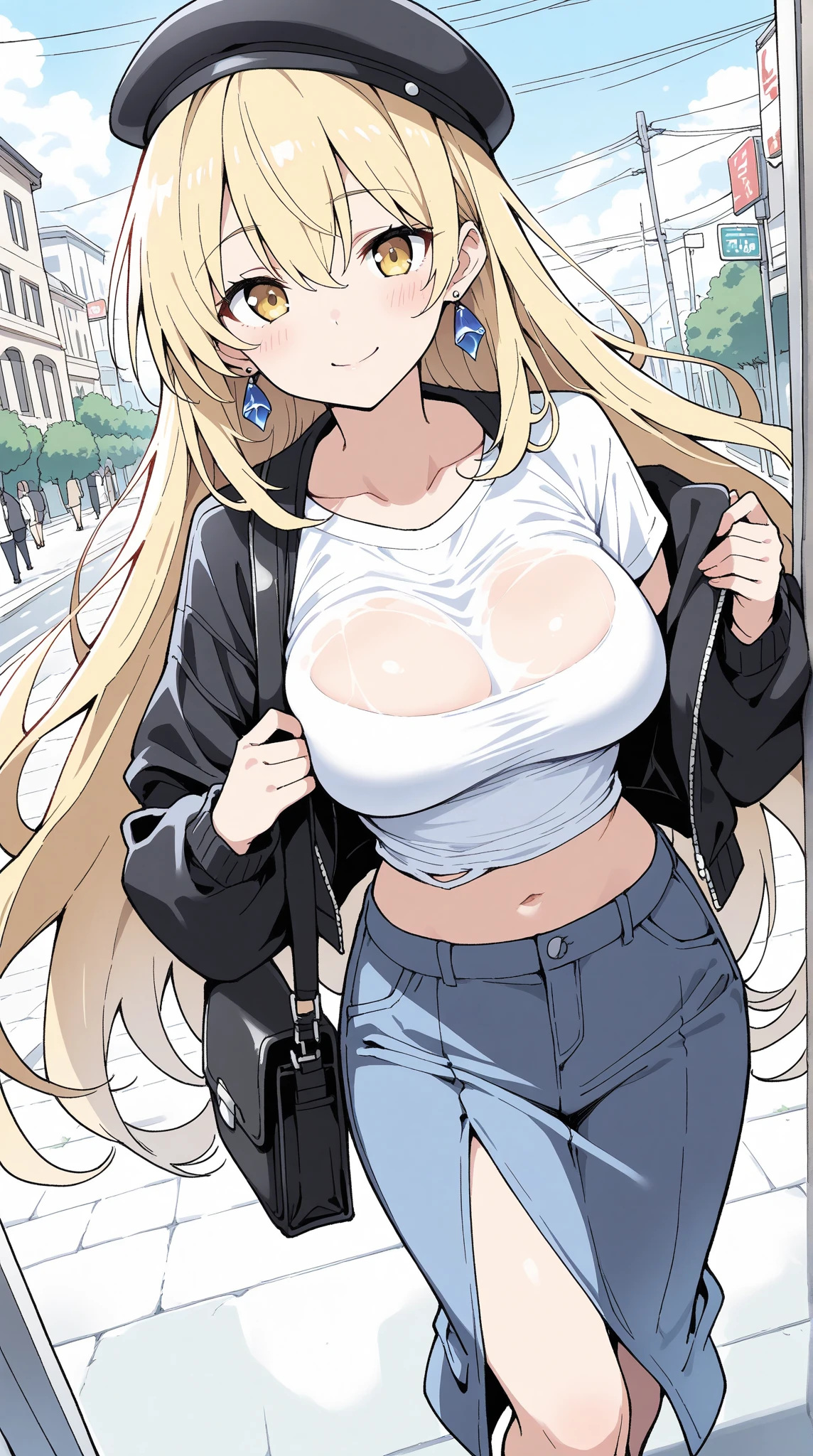 (Best quality:1.5, a high resolution, UHD, 4k, detailed lighting, shaders, perfect graphics), marin kitagawa, pink eyes, long hair, big breasts, open jacket, camisole, crop top, jeans, sexual, erotic, seductive, obscene, smiling, standing, street background, naked