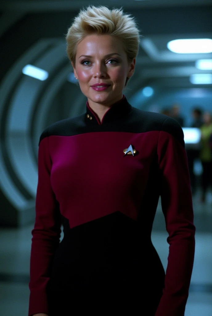 stunning woman in red and (black:1.1) s3stngunf uniform standing on enterprise bridge,blond medium hair,, 8k uhd, dslr, soft lighting, high quality, film grain,masterpiece quality,Fujifilm XT3