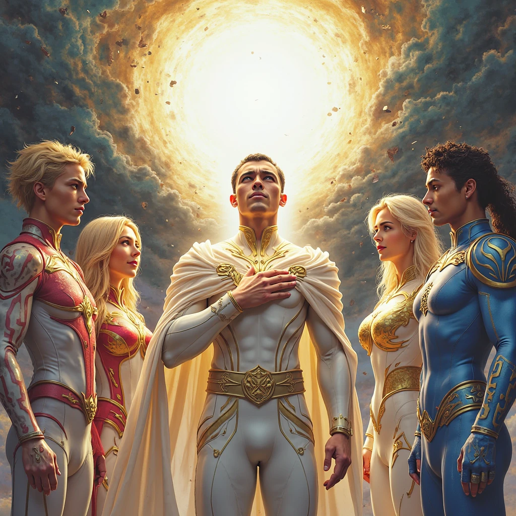 there are two women and a man dressed in costumes in a room, sorayama and moebius. occult art, tyrion lannister, photoshop collage, angel in plastic armor, cinematic red lighting, mirabel madrigal rendering, finland tone, warm saturated palette, elf kingdom, jonathan solter style --auto --s2