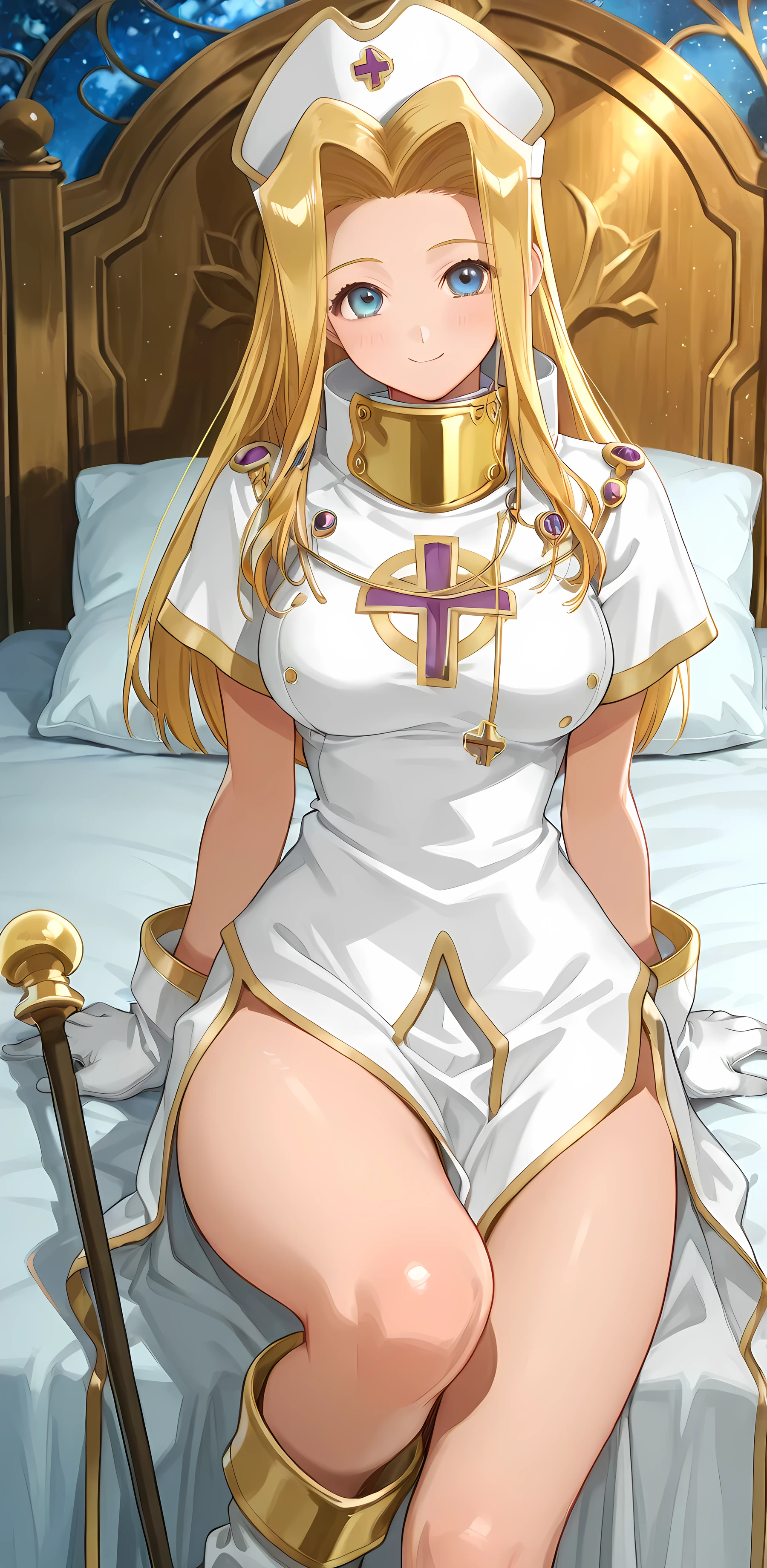 ((masterpiece, top quality, high image quality, very detailed 8K, beautiful girl with slender body, , Super Detail, anime screen cap:1.3, Anime Colors:1.2)), hat, long hair, blonde hair, blue eyes, gloves, dress,cross, boots,nurse cap, long skirt,Tales of Fantasia AS
、As you give、1 beautiful girl, smile、in bed、Big Breasts、Cane、I'm wearing a good quality、thighs、perfect feminine face、前かがみ、temptation