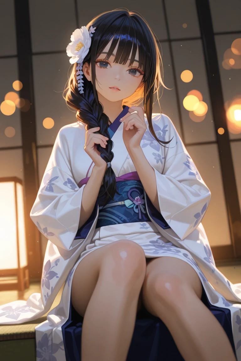 Kamisonoda, Umi Sonoda, long hair, blue hair, (yellow eyes:1.5) (flat chest:1.2),smile,flower hair ornament,Blue floral pattern gorgeous Japanese clothes,white foot bag,Zori sandals,tying hair,He is holding a Japanese-style umbrella with both hands and resting it on his shoulder.,rain,曇り空
break looking at viewer,
break outdoors, In town,building street,
break (masterpiece:1.2), highest quality, High resolution, unity 8k wallpaper, (figure:0.8), (detailed and beautiful eyes:1.6), highly detailed face, perfect lighting, Very detailed CG, (perfect hands, perfect anatomy),