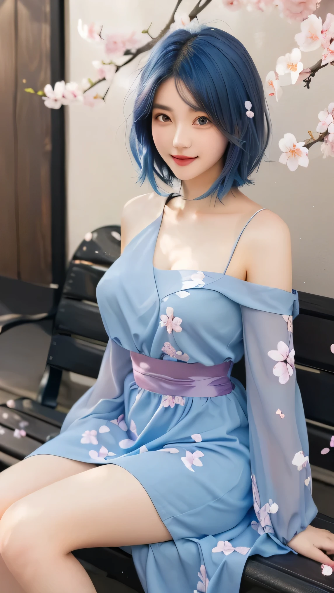 Beautiful girl in blue dress sitting on a bench with cherry blossoms ...
