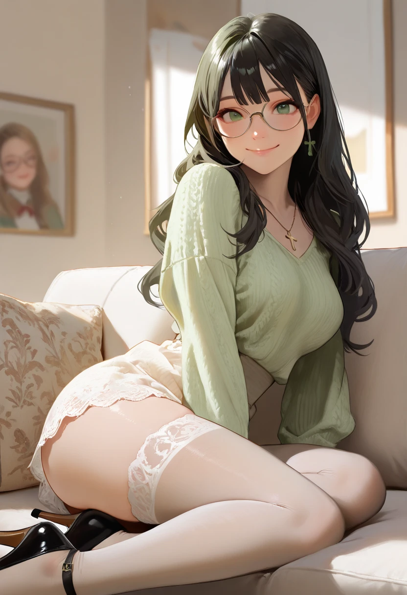 Best high Quality image, very detailed textures, carefully detailed image, absurdres
{{(1character: 29 years old dark-tan-skin black-haired girl), (tan skin, blue-grey eyes, calm smile, absolute feminine beauty, long black hair with a pink flower at left side, thin pale lips, big breasts, round big butt, beautiful arms, beautiful legs, lovely and relaxed, standing firmly, (leather boots, green sweater, pink underwear), (house vliving room)}}