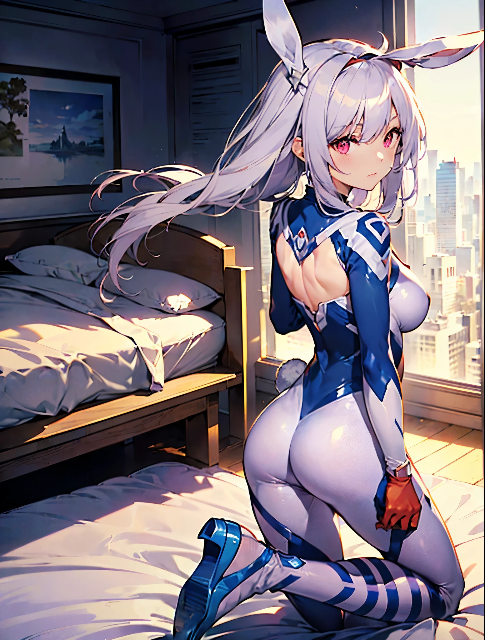 Ultra-high resolution, 8K, (Official Art, beautifully、mysterious:1.2), Anime Art Wallpaper, Works by Makoto Xin Haicheng, Lofi Art Style, Lo-fi feel, Perfect human body composition, Anatomically correct limbs, Structurally correct fingers, Impressive eyes, Oversized hoodie and short skirt, Shiny long black hair, Larger than average bust, Girl listening to music with headphones, Looking out the window, City Room, A room for music lovers, city view from the window, Impressive cityscape, Bright Sky, meteor, Wide angle, Before dusk