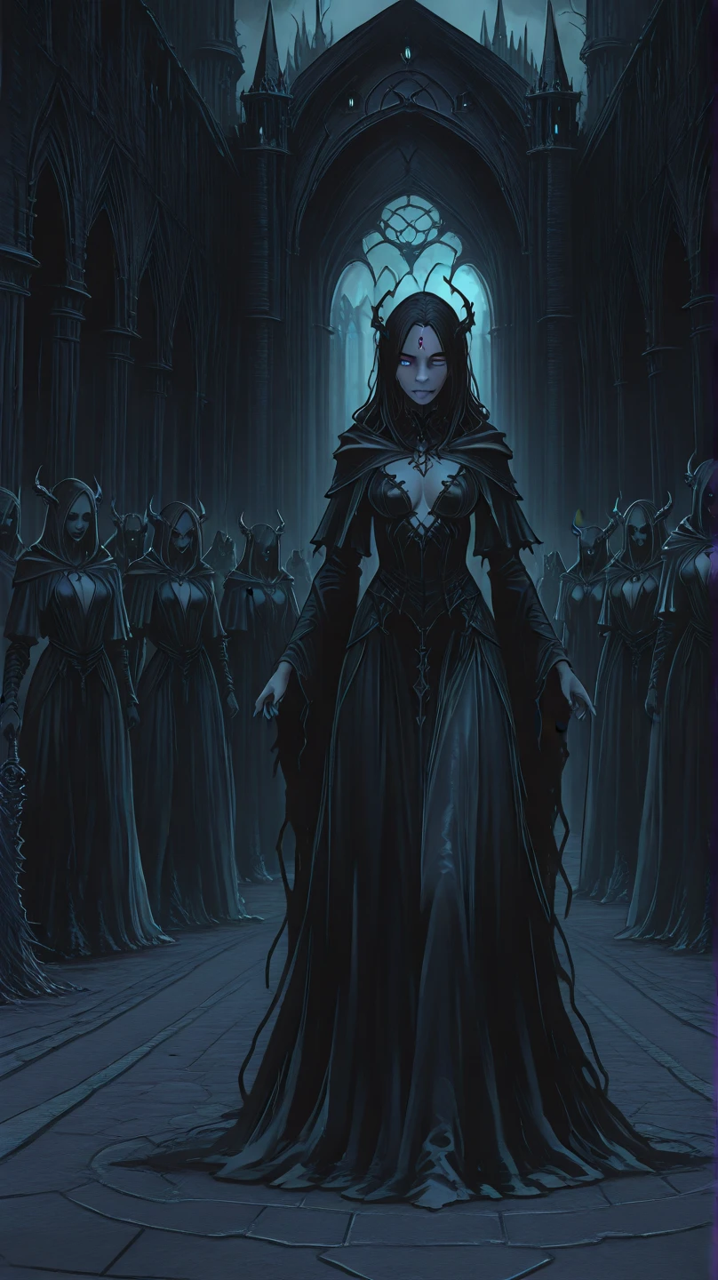 A mysterious witch woman with long flowing dark hair and a cloak, surrounded by flickering candlelight in a dimly lit room, her piercing eyes focused on a glowing glass ball. Strange and surreal figures, twisted and distorted, begin to emerge from the depths of the crystal, dancing in a hypnotic and mystical display of magic and otherworldly energy.