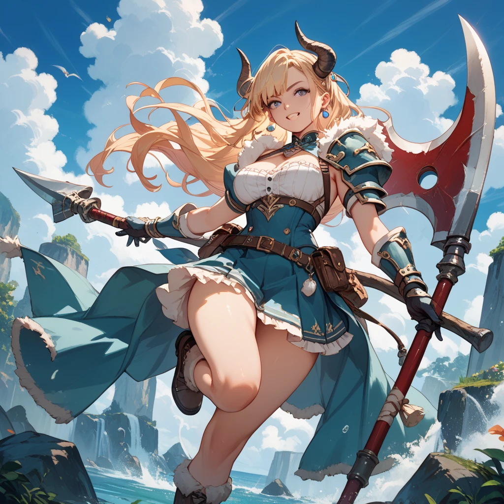 Anime screencap, masterpiece, best quality, detailed face, detailed eyes, 1girl, blonde hair, medium breasts, blue eyes, pelt, loincloth, spear,gloves, bandages, standing, full body, looking at the viewer, turning around, outdoors, hill, valley <lora:Elina:1>