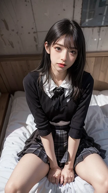 alone、high school girl、Natural body shape、White skin、Natural Makeup、Black Hair、bangs、Long Hair、((High School Uniform))(((Navy Blue Cardigan、White collar blouse、red school ribbon、Checkered Pleated Skirt、mini skirt)))、((Big Breasts))、((love hotel bed))、(Looking at the camera facing the front)、Full body photo、Exposing your thighs、White socks、Black Loafers、((Lift up the skirt))、(Small size pure white panties)、Focus on the groin、Sit with your legs apart