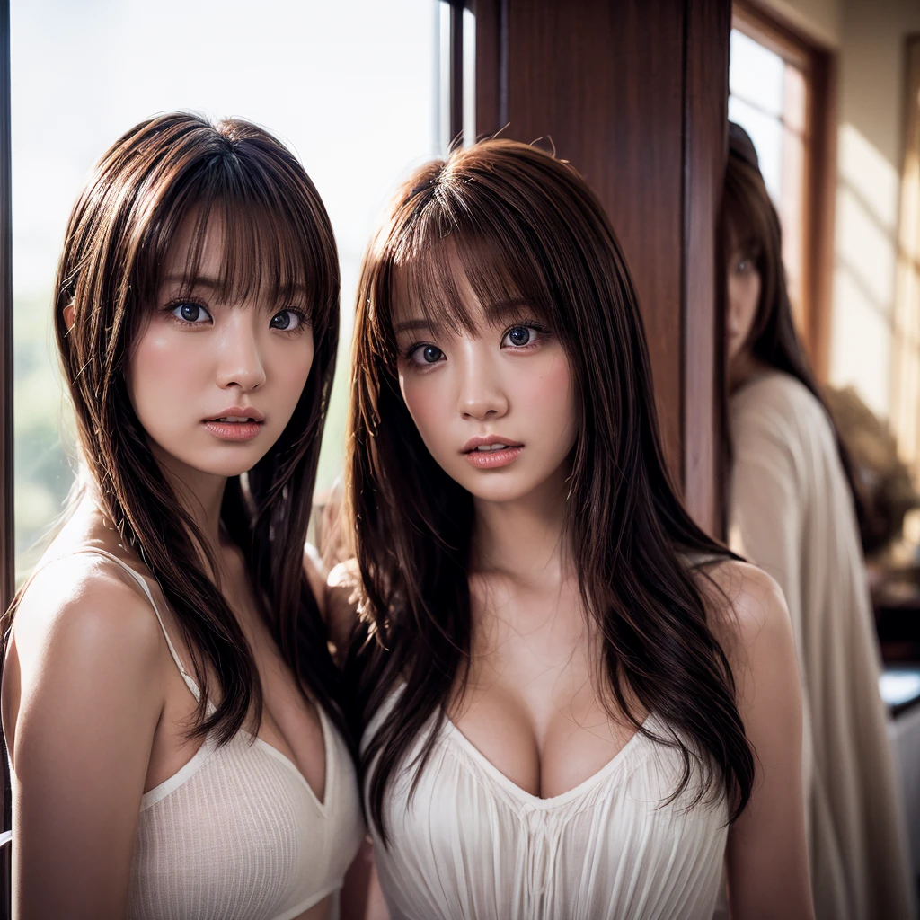 (8K、Raw photo、highest quality、masterpiece:1.2)、(realistic、Photoreal:1.37)、super detailed、Super high resolution、beautiful japanese girl、16 years old、Identical twin sisters passionately French kissing、see the beholder、beautiful and detailed face、laughter、narrow、(slim waist) :1.3)、Tank top、Beautiful and smooth skin、skin texture、detailed dark brown eyes、floating hair、professional lighting
