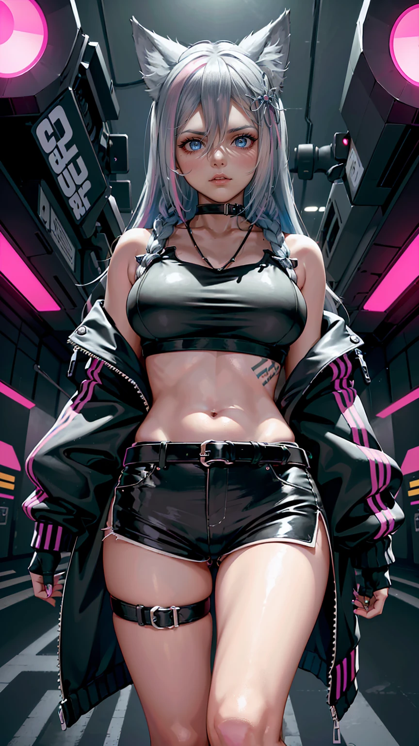 girl spacepunk,(((1girl))),((beautiful girl with cute cat ears)),
(large breasts:1.4),saggy breasts,((black hair,black messy hair,colored inner hair,long hair:1.5,absurdly long unkempt hair:1.35,long black hair,ear breathing,intricate cut hair)),((((cat ears,cat ears on head,big cat ears)))),(((pink eyes:1.3))),intricate eyes,beautiful detailed eyes,symmetrical eyes,((fat)),(((lustrous skin:1.5,bright skin: 1.5,skin tanned,shiny skin,very shiny skin,shiny body,plastic glitter skin,exaggerated shiny skin,illuminated skin,wet legs))),(spider lower abdomen,narrow waist,wide hip,athletic body,inflated legs,delicate detailed fingers,detailed body,human hands,(detailed face)),
cute,slutty,seductive,erotic,(((nsfw))),
(graffiti art in clothes),zettai ryouiki,revealing clothing,show skin,((((underboob)))),((cleavage)),(semi-naked,with little clothing,((tiny thong, thong intricate)),bare legs,visible thong straps,no bra),((((crop top hoodie,cropped hoodie,hoodie,hoodie intricate)))),(((wet clothes,intricate outfit,intricate clothes))),
(dynamic pose:1.0),solo focus,embarrassed,(centered,scale to fit dimensions,Rule of thirds),
cyberpunk city by the ocean at night, with bright neon signs and dark stormy clouds and puddles, scenery:1.25,
highres, sharp focus, (ultra detailed, extremely detailed), (photorealistic artwork:1.37),(extremely detailed CG unity 8k wallpaper),((synthwave background theme)),(((vibrant colors))),(intricate background),(masterpiece),(best quality),