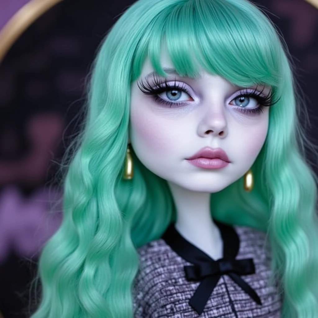 I want green eyes mixed with blue, of dress, curly hair, cor branco, white skin color