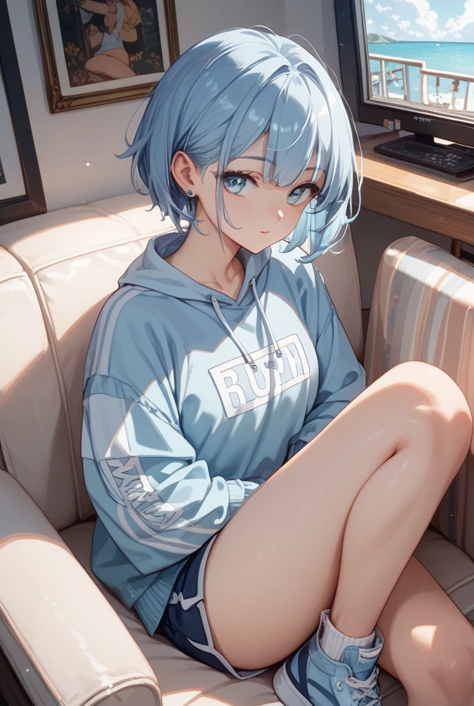 (highest quality, masterpiece: 1.2), Super detailed, highest quality, Ultra-high resolution, Professional Lighting, Photon Mapping, Physically Based Rendering, Cinema Lighting, Depth of written boundary, focus on, Light of the sun, Good composition, (Bokeh: 1.2), 1 girl, Aqua Eyes, narrow, Silver Hair, short hair, Girl wearing oversized hoodie,hand {refer tos} cute {refer to} hand,Girl with earphones,cool,Inside the room,Girl with small earrings,whole body,Listening to music,Girl sitting with legs crossed