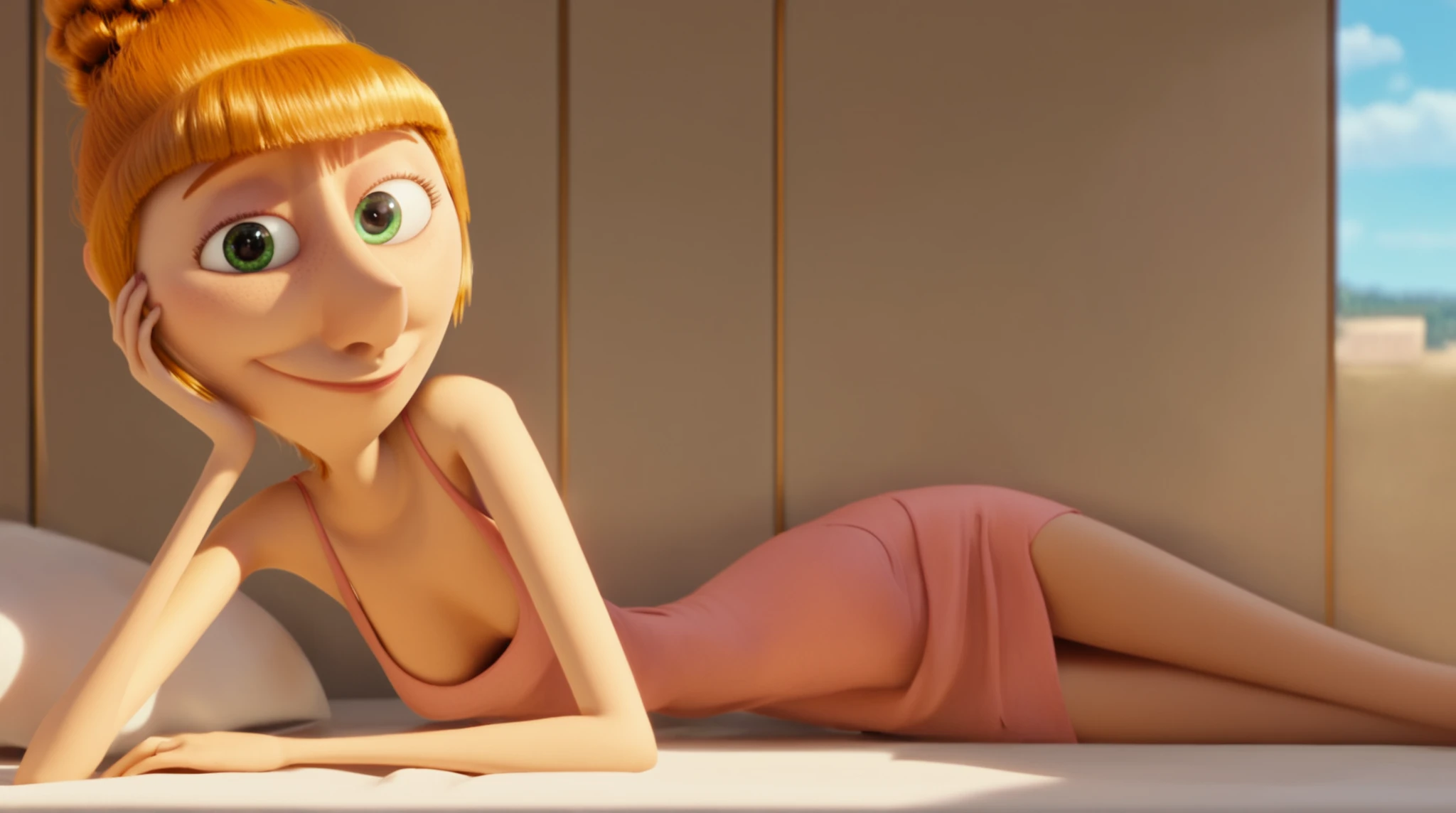 pov, lucy wilde, blue dress, slim, bare shoulders, lucyw, orange hair, single hair bun, heels, 3d, sitting, crossed legs, dick flash, penis, foreskin, inside a train, man, veiny penis