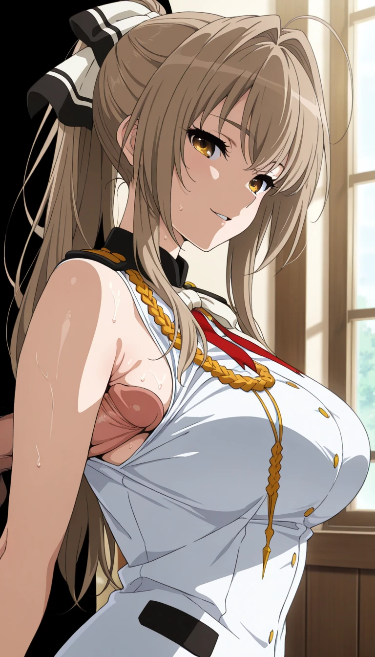 (lactation through clothes:1.1),nipples standing,(nipples peek:1.4)、Large areola、(big breasts:1.3、shiny skin:1.5、nipples are visible)、anime、best quality、masterpiece、detailed、detailed目、sparkle in the eyes、Isuzu Sento、solo、closed mouth、light smile、brown hair、brown eyes、long hair、antenna hair、ponytail、hair ribbon、SentoBikini, o-ring bikini, red bikini,Look at the viewer、outdoors、embarrassing、blush:1.1、bust focus