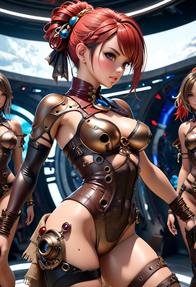 Three sexy women (varied height, varied weight, varied race, skimpy club mini skirt, airy sheer blouse deep plunging neckline giga breasts, crazy hairdo, tend towards fit and athletic) they are laughing and flirting and comparing breast sizes, lobby in crowded family restaurant