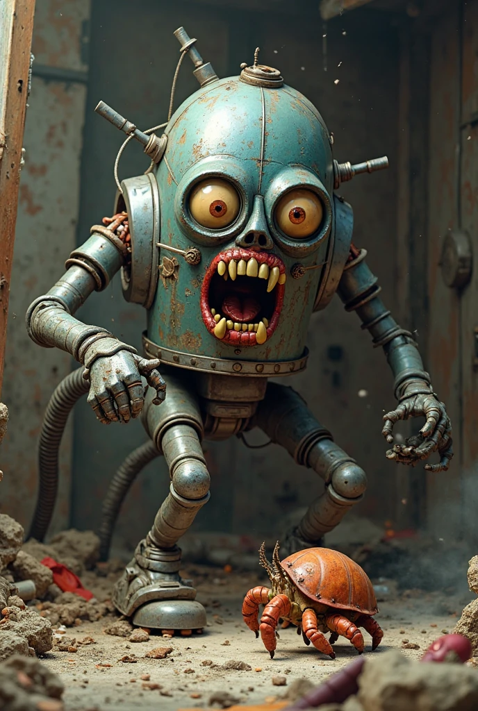 a winking playful madpunkcyborg, cheeky expression, in an underground data vault with biometric security, ultra-detailed, ultra-realistic, fracolor, colorful plastic