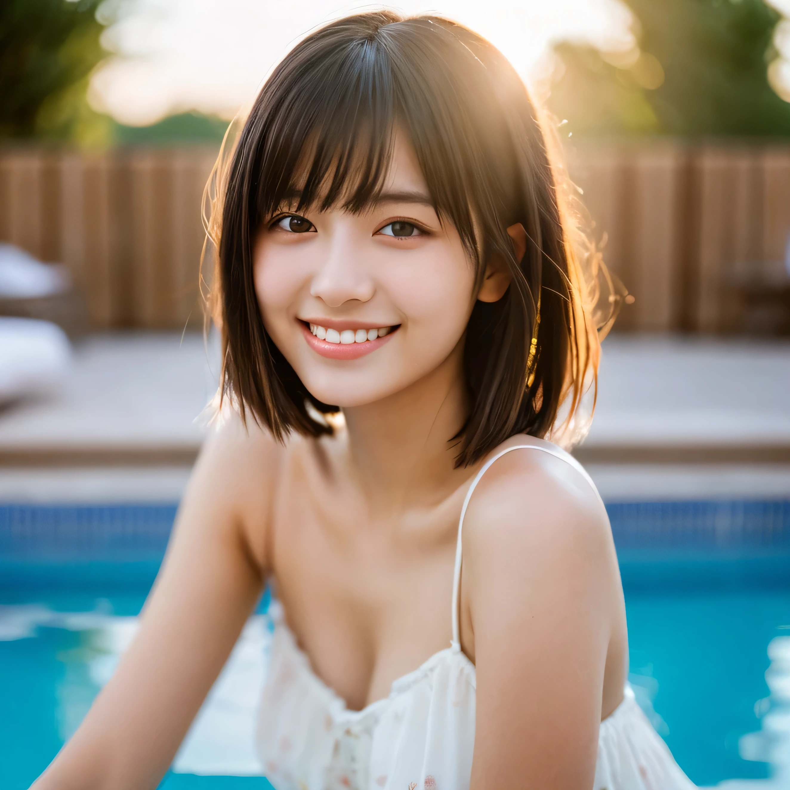 (Best quality, 8k, masterpiece: 1.3), a Pretty Girl with perfect figure: 1.4, (high-school student, teens), black hair, (blunt bangs:1.2), bikini, in the pool side, highly detailed face and skin, detailed eyes, double eyelids, very small breasts, smile