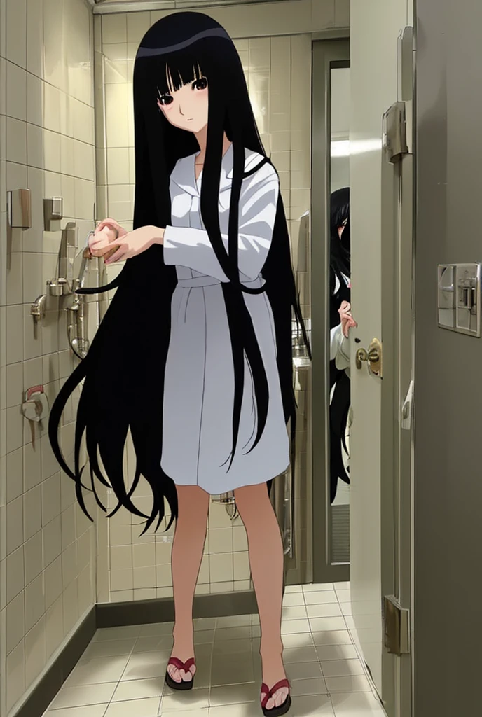 (Anime Infinite Stratus Art, 8k, ultra full high definition, epic quality, epic texture). The theme is hospital hygiene.  The setting is a hospital room, very detailed.  There is a woman, Brazilian, her name is Regina, she is 51 years old, very short estature(150cm), she has very long black hair, she has a beautiful face, some expression lines due to her age, light brown eyes, white skin, very thin, narrow chest, small breasts, very thin waist, narrow hips, small and round butt, slender legs, she works with hygiene, wears a very tight navy blue jumpsuit with short sleeves, she is wearing black hygiene boots, she is sensual and cheerful, she leaves men enchanted.  the atmosphere is calm and sensual.
