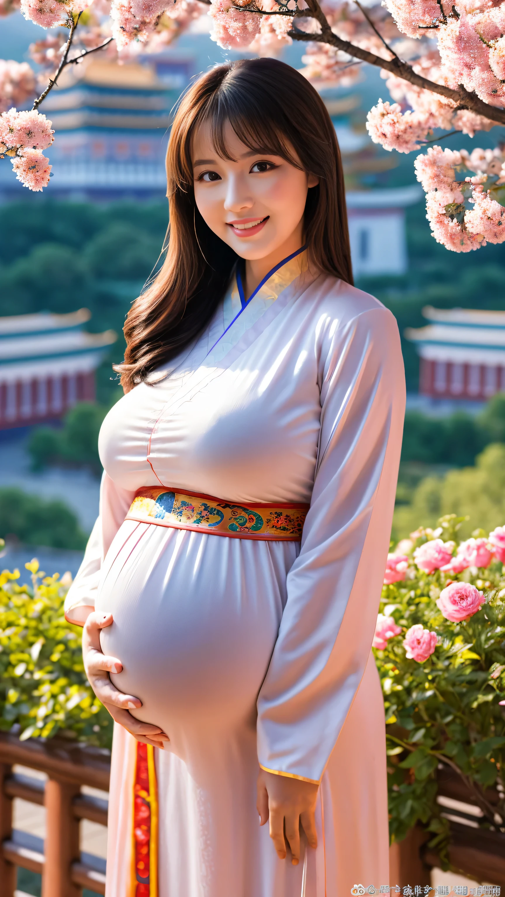 pregnant woman in pink dress posing for a picture in front of a tree, pregnant belly, maternal photography 4 k, pregnant, pregnancy, asian woman, highly realistic photo, iray, photorealistic full body, her belly is fat and round, maternity feeling, korean woman, an asian woman, wearing pink floral chiton, digital art. photo realistic, photorealistic picture