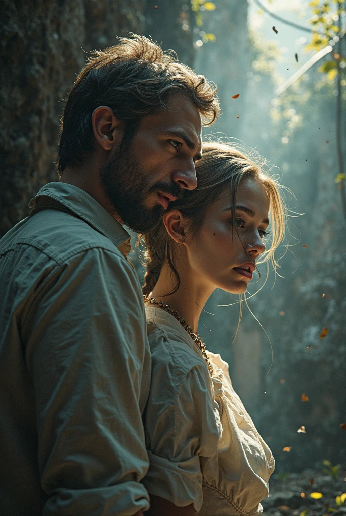 I&#39;m making some covers for my religion films, the movie cover must be full 4k, with hyper details, o tema do filme é a criação e queda feito por Adam and Eve, remember on this cover, the idea is to have two sides,and two people, Adam and Eve, they are close to the camera, in the image it appears from the breasts up, a strong man and a delicate woman with light brown hair, They are both scared trying to understand where they are, this cover must have 1 focus point and 1 out of focus point, they are in the forest, had ended, to arrive, they are scared and sweating a lot, put eva&#39;s hand in front of the camera, trying to ask for help, their clothes are made of green plants, they are using plants as clothes, the movie cover has a very great power, superior coming from above. And the clear facial features, cinematographic, 35mm lens, f/1.8, Accent lighting, global illumination –uplight –v 4 Show equipment getting wet or messy, highlighting the problem of inadequate storage solutions for active individuals. person is sad and scared, make them both close to the camera and dark blurred background, the image needs to have strong points of light and shadow, Make a good picture