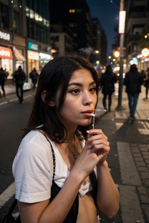 woman smoking a cigarette on a city street in the evening, woman smoking a cigarette, woman smoking cigarette, portrait of a japanese teen, smoking woman, dramatic smoking pose, smoking a cigarette, smoking cigarette, kiko mizuhara, by Eizan It&#39;s a gift, cigarette, by Shinoda Toko, japanese city street fashion, portrait of a smoking woman,Beautiful blonde with big breasts in a T-shirt (Sitting on a dark staircase),Wearing headphones,Very detailed, 21 years old, Innocent face, Bob Hair, blue eyes, High resolution, masterpiece, Highest quality, Intricate details, Very detailed, Clear focus, Delicate skin, practical skin texture, texture, Delicate eyes, Professional, 4K, Sad face,despair、 Shot with Canon, 85mm, Shallow and deep, Kodak Vision Color, Exactly, Very detailed, photograph_\(Extremist\), photographpractical, practical, Post-processing, Maximum details, Roughness, Real Life, Extremist practical, Photorealism, photographgraphy, 8K Ultra HD, photographgraphy
