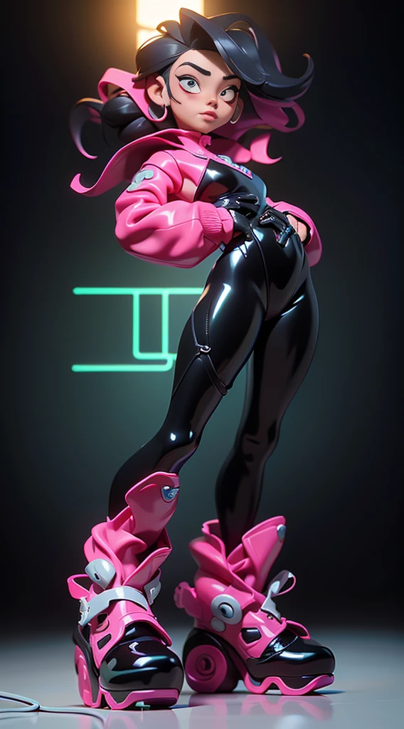 a close up of a person in a black and pink outfit, slick pink armor, fuchsia skin beneath the armor, streamlined pink armor, fuchsia skin below the armor, thick smooth warframe thighs, tokusatsu suit vaporwave, pink body, bubblegum body, matte pink armor, in spandex suit, thicc, pregnant female cyborg, fuchsia skin, lewd