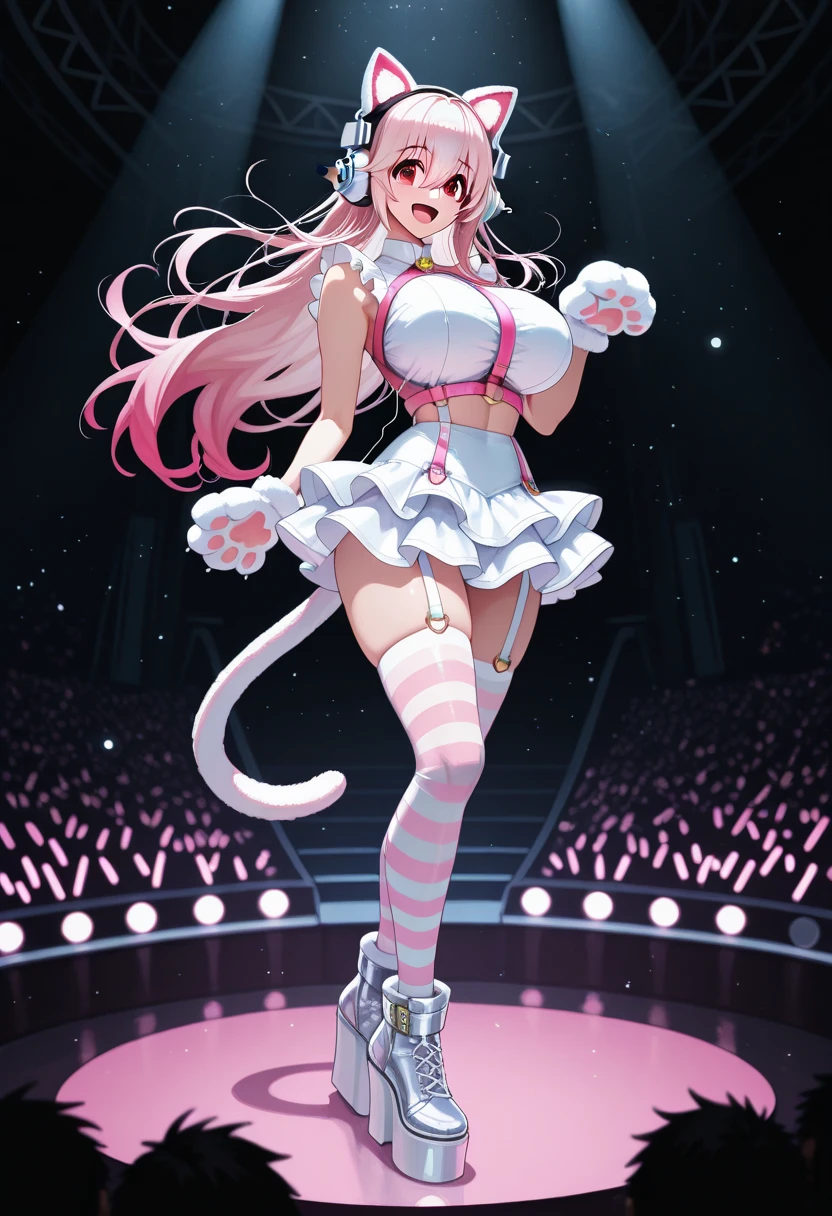 super detailed pictures, Perfect quality, high quality,  masterpiece, absolutely eye-catching, An absurd, newest, Meticulous Eyes, perfect eyes, Real eyes, (Beautiful and aesthetically pleasing), Very awa, newest, Movie Light, sexy girl pose, 1 Girl, Super Sonico , long hair, Pink Hair, watching the audience,  Smile,  open mouth , hair between eyes, Jewelry, very long hair, gradient hair color, Pink Hair, White hair, full body, fake animal ears, pink cat ears, Animal Hands , 大号粉色Cat's Paw, Cat's Paw,  cat's tail, huge breasts, Frilled micro skirt, tight skirt, pink cropped top, Sleeveless, white dress, Silver earphones,  red eyes, Flash, flowing hair, depth of field, white foot gear,  Striped Stockings ,  happy , 浅粉色腮红, light particles,  silver trim , Flash, Platform shoes , Pink Harness, colorful, Alternate clothing, artistic background