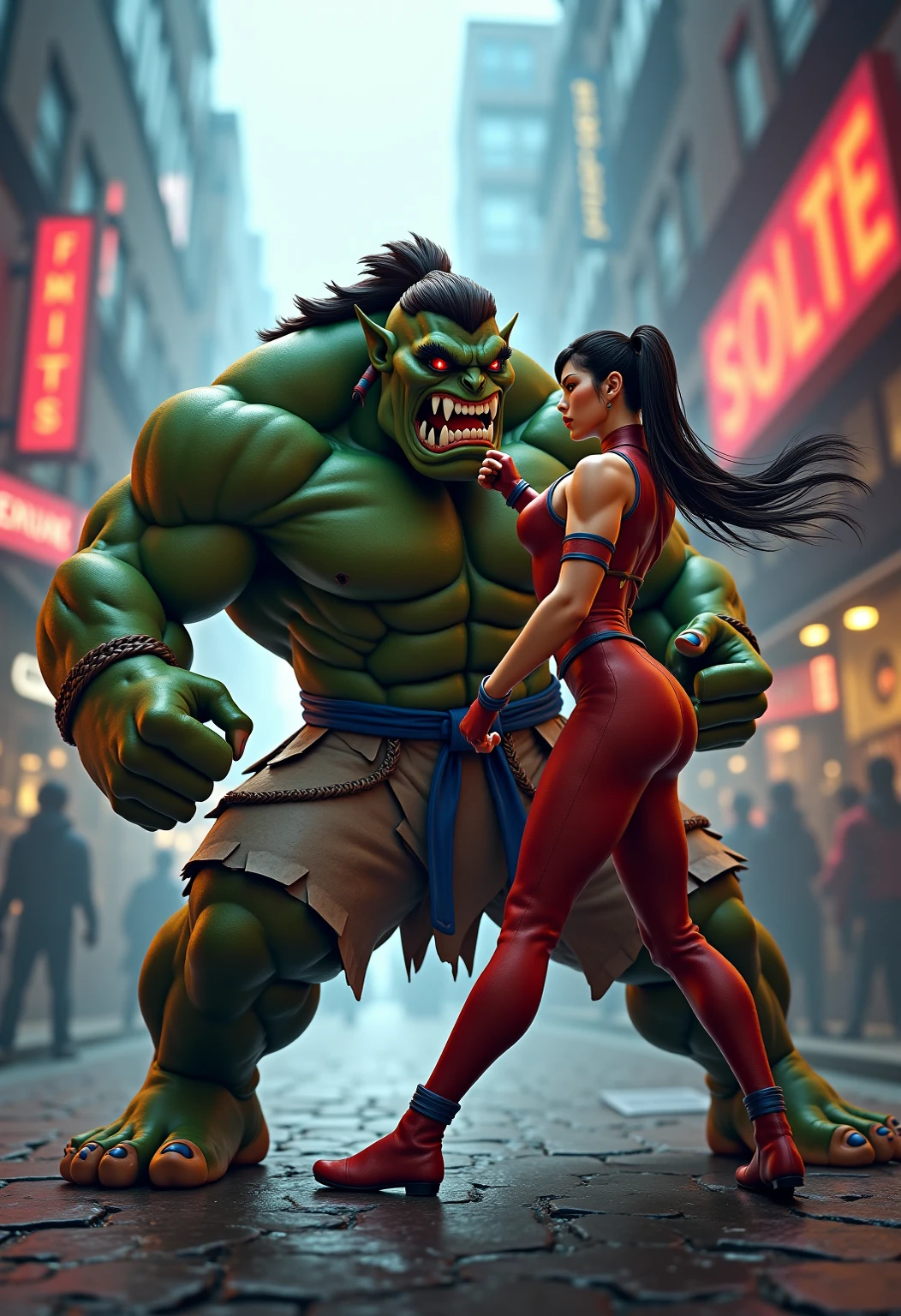 (street Fighter 2 16 bit game) Custom character 'treeman' (evil apple tree man from Wizard of Oz) is tossing apples at and battling (Zombie chun Li (sexy fighting outfit, battle damage, green skin, zombie shamble, kinda gross) battle between plant vs zombie